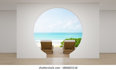Lounge chairs on wooden floor terrace of empty large living room in modern new house or luxury hotel. Cozy home interior 3d rendering with beach and sea view.