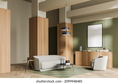Lounge room interior with couch and armchair on carpet, coffee table and drawer with decoration and plant, wooden floor. Mock up blank canvas on green wall, 3D rendering