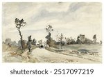 Louveciennes, Route de Saint-Germain (1871) by Camille Pissarro. Rural town road watercolor. Vintage watercolor road landscape scenery art drawing illustration, old street painting art print.