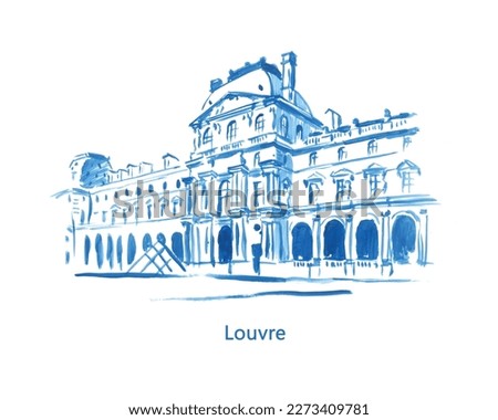 Louvre, museum, Paris, french architecture, old building, cityscape, sketch, watercolor	