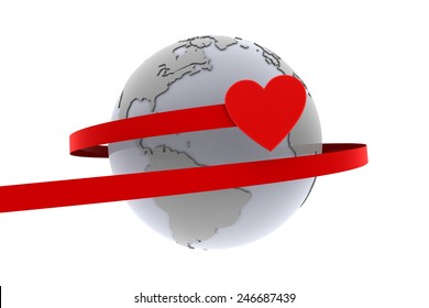 Love Around The World. A Heart Flies Around The Earth With A Red Ribbon Demonstrating Love.