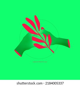 Love. Authentic Human Hands And Plants Over Green Background. Contemporary Art Collage. Modern Design Work In Neon Trendy Colors. Stylish And Fashionable Composition. Copyspace.