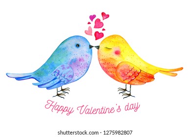 Love Birds Couple With Hearts And Wishing. Hand Drawn Watercolor Illustration For St Valentine's Day Isolated On White Background