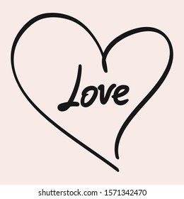 Love - Calligraphy Lettering Phrase. Raster Hand Drawn Illustration With Brush Painted Word Love In Shape Of Heart. Cursive Font. Valentines Day Theme Image. Isolated Design For Prints, Decoration