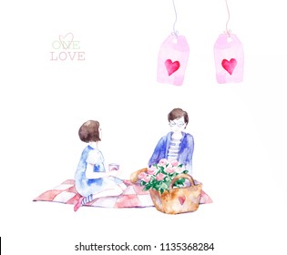 Love card - Girl and boy sitting near each other. Colorful abstract texture. Watercolor postcard with love around boy and girl.  - Powered by Shutterstock