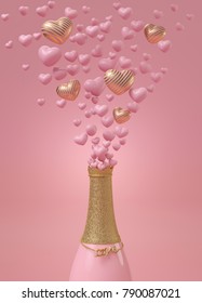 Love cerebration with champagne. Pink and gold champagne with small pink and gold heart like splash of champagne on pink background. 3d illustration rendering.