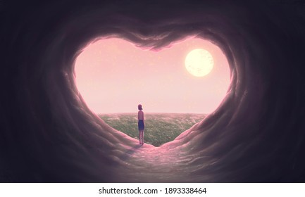 Love Concept Art  Woman With Heart Cave, Imagination Painting, 3d Illustration, Conceptual Artwork, Fantasy Nature Landscape