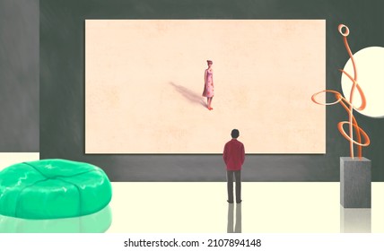 Love Concept Idea. Surreal Painting. Conceptual 3d Illustration. A Man Looking At A Woman In A Painting At Art Gallery. Valantine Background. 