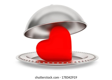 Love Concept. Silver Restaurant Cloche With Heart On A White Background