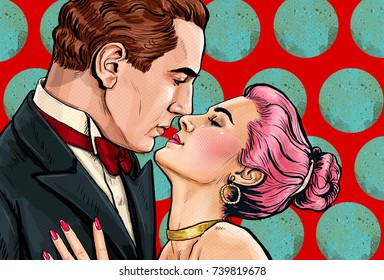 Love Couple Looking Into Each Others Eyes In Pop Art Style. Vintage Man And Woman Are Kissing And Hugging