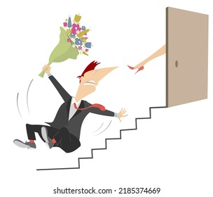 Love Couple Quarrel And Fighting. 
Man With A Flowers Is Given A Kick To The Buttocks The Woman Leg Outside The Open Door And Falls Down The Stairs
