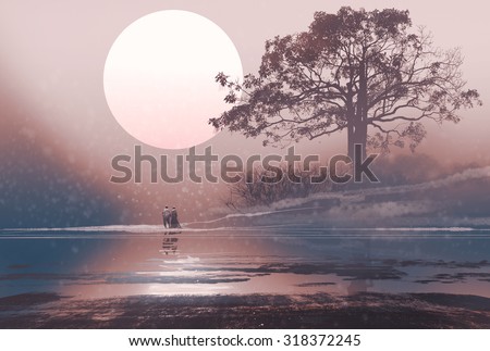 love couple in winter landscape with huge moon above,illustration painting