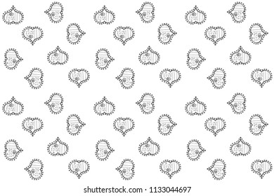 Love design with different elements. Seamless Interesting typography. Raster illustration. Valentines day background on white, black and gray colors.