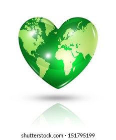 Love Earth Symbol. 3D World Map In A Heart. Icon Isolated On White With Clipping Path