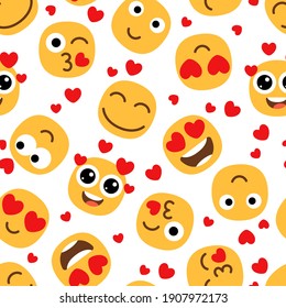 Love Emojis Seamless Pattern. Cute Happy Emoticons Background. St Valentine Day Texture