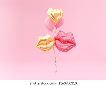 Love Emotion Concept. Foil Balloon Couple Lips And Golden Heart On Pink Background. 3d Rendering.