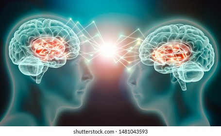 Love emotion or empathy cerebral or brain activity in caudate nucleus. Connection between two people. Conceptual 3d illustration of love, attraction or lure neurological stimulation or telepathy.