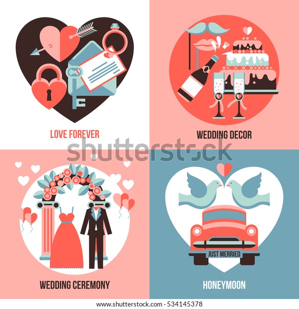 Love forever\
honeymoon wedding ceremony and wedding decor abstract compositions\
flat 2x2 set \
illustration