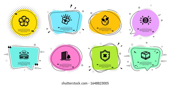 Love gift, Organic product and Natural linen line icons set. Chat bubbles with quotes. Delivery box, Sports arena and Buildings signs. Bitcoin system, Reject protection symbols. - Powered by Shutterstock