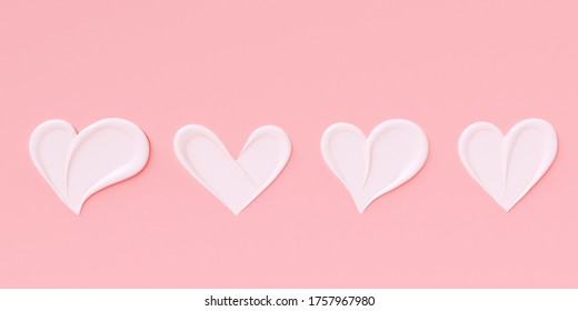 Love Girly Background. Cosmetic Cream Pastel Pink And White Template Banner With Heart Shape Smears. 3d Rendering.