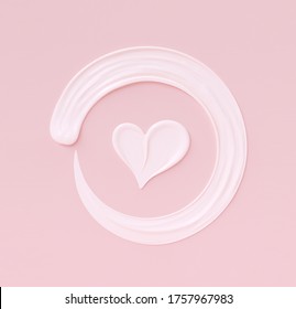 Love girly background. Cosmetic cream pastel pink and white template banner with heart shape and round frame smears. 3d rendering.