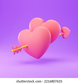 Love Hearts With Cupid Arrow. 14 February Romantic Background. Colorful 3d Rendering Illustration.