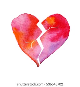 love hurt concept with artistic watercolor broken heart illustration for greeting cart, Valentine??s day poster and header