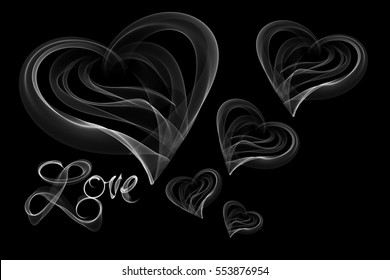 Love isolated word lettering   hearts written and fire flame smoke black background 