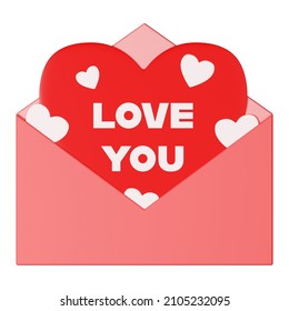Love letter. 3D rendering, isolate. Paper envelope with love card in cartoon style. Valentine's Day card. Illustration for February 14.