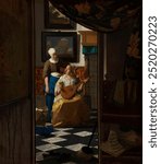 The Love Letter (ca. 1669 –1670) by Johannes Vermeer. Vintage woman and a maid art illustration, old love letter painting, Johannes Vermeer art print.