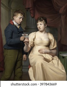 The Love Letter, Willem Bartel Van Der Kooi, 1808, Dutch Painting, Oil On Canvas. A Young Woman In Empire Waisted Dress And Hairstyle Of 1808 Receives A Love Letter From A Young Male Messenger