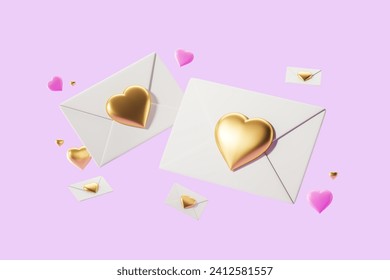 Love letters envelopes falling on pink background, gold heart stamp. Concept of valentines day, proposal, feelings and message. 3D rendering illustration - Powered by Shutterstock