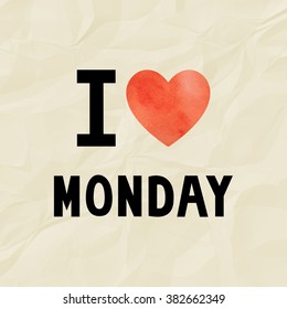 I love Monday with red watercolor heart on yellow crinkle paper. - Shutterstock ID 382662349