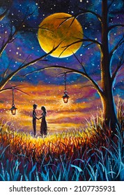 Love Painting Romantic Mystic Lovers On Beautiful Night. Date Of Lovers In Light Of Lanterns And Large Moon In Forest Concept For Fairytale Paintings, Artwork Background Artwork