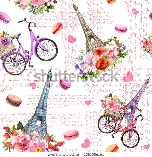 パリでの愛 エッフェル塔 ハート 花 自転車 マカロン 手書きのフランス語のテキスト ピンク色のシームレスな水彩柄 のイラスト素材