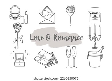 Love   Romance Outline Icon Set containing icons lipstick   powder box  envelope   hearts strawberry  fragrance  rose  candles  engagement ring  box chocolates  champagne bucket