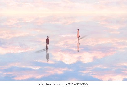 Love, romance, and valentine concept. surreal art. lover standing on the cloud. conceptual artwork. - Powered by Shutterstock