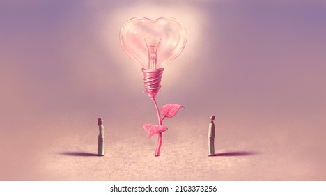 Love And Romantic Concept Idea Art. Surreal Painting. Conceptual 3d Illustration. A Man And A Woman With A Tree Of Heart. Valantine Background. 