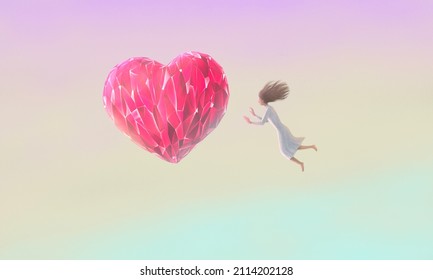 Love And Romantic Concept Idea Art. Surreal Painting. Conceptual 3d Illustration. Flying Woman And Pink Hearts . Valantine Background. 