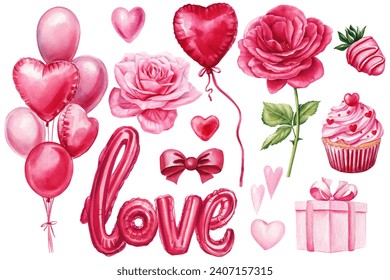 Love set isolated white background. Heart balloons, cookie, rose. Valentines day, watercolor love clipart decoration - Powered by Shutterstock