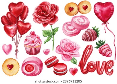 Love set sweet isolated white background. Heart balloons, cookie, rose. Valentines day, watercolor Party decoration - Powered by Shutterstock