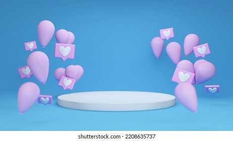 Love Silver Pink Icon Heart Shape Social Symbol Or Notification Button Symbol Graphic Design On Blue Background With Empty Docking Station, 3D Rendering