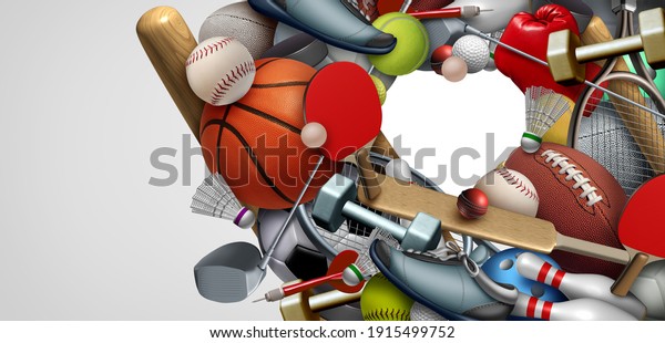 Love of Sports equipment background with a\
football basketball baseball soccer tennis and a hockey puck as\
healthy recreation including copy space shaped as a heart with 3D\
illustration\
elements.