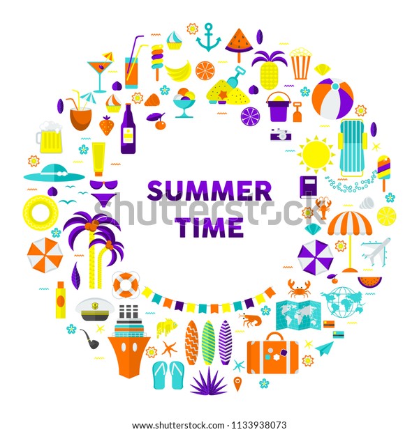Love summer poster from\
travel icons. Flat cartoon illustration. Objects isolated on a\
white background.
