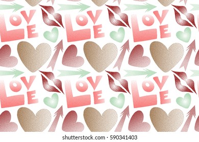 Love symbols in red and pink colors on a white background. Abstract pattern for textile, fabric, clothes. Raster comic in pop art retro style with dots. Seamless pattern with lips, hearts, arrows.