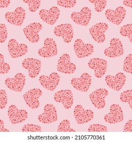 Love texture - seamless pattern with red roses hearts. Love on a pink background. Romantic decorative background for Valentine's day gift paper, wedding decor or fabric textile.