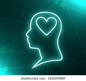 Love theme. Man head silhouette with heart as brains. Side view. Neon bulb illumination. 3D rendering - Shutterstock ID 1435359809