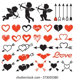 Love theme set  cupids  amours  hearts  arrows  valentine`s day illustration isolated white background