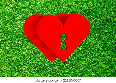 Love, Two Red Hearts With Key Hole On A Background Of Green Grass, Illustration In 3d Graphics