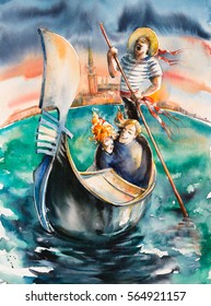 Love In Venice.Couple With Singing Gondolier On Gondola.Picture Created With Watercolors.